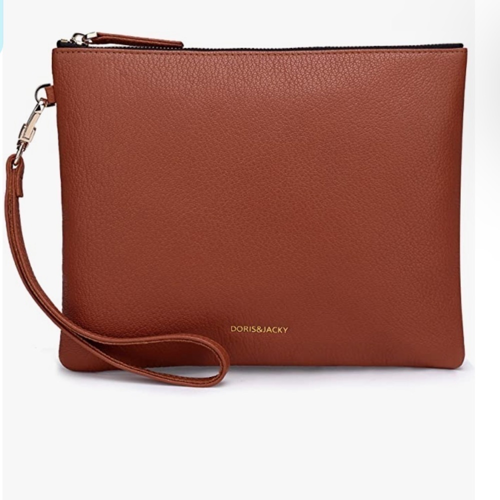 Doris and Jacky Brown Pebbled Leather Wristlet Zipper Pouch Travel Bag Wristlet